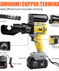 Battery Powered Hydraulic Crimping Tool With 8 Ton Force, Sick Electric Cable Crimper Kit Featuring Nine Die Sets For 12 AWG To 2/0 AWG Lugs, showing features like trigger switch, battery, and crimping dies.