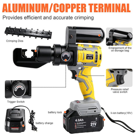 Battery Powered Hydraulic Crimping Tool With 8 Ton Force, Sick Electric Cable Crimper Kit Featuring Nine Die Sets For 12 AWG To 2/0 AWG Lugs, showing features like trigger switch, battery, and crimping dies.