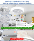 Enclosed 18 Inch Ceiling Fan With Lights Remote in kids' room with bunk bed, safe design for low ceilings, modern flush mount.