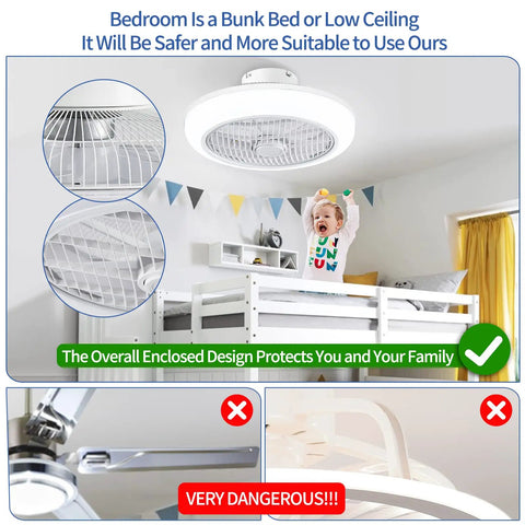 Enclosed 18 Inch Ceiling Fan With Lights Remote in kids' room with bunk bed, safe design for low ceilings, modern flush mount.