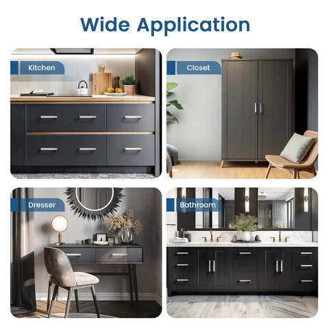 Image showing 10 Pack Brushed Nickel Dresser Handles And Cabinet Pulls For Kitchen Cabinets, featuring kitchen, closet, dresser, and bathroom uses.