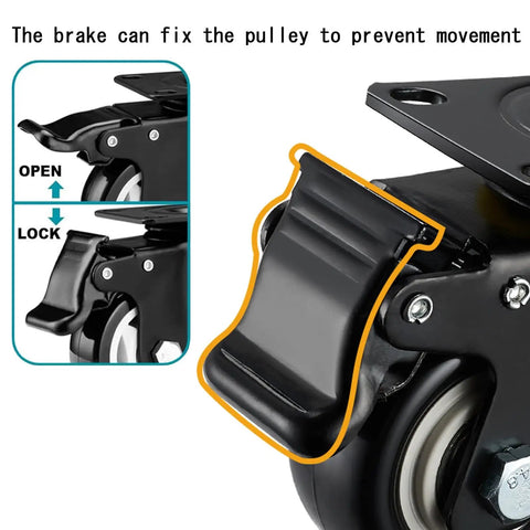 Four Pack Heavy Duty Rubber Swivel Caster Wheels With Double Locking Brakes close-up of lock mechanism for stability.