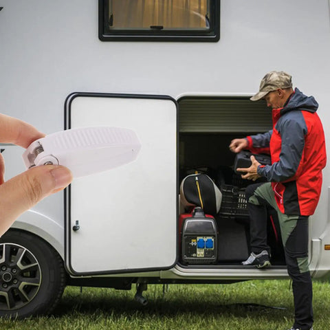 Hand holding Must-Have White Stainless Steel And Abs Baggage Door Catch Clip For Rv Trailer Camper near open RV storage.