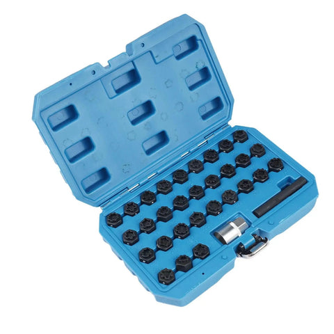 Premium 32Pcs Wheel Locking Nut Key Kit For Mercedes Benz And More Anti-Theft Lug Removal Tool Set Spline Adapter Socket blue case