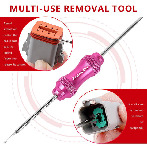 Deutsch DT Connector Crimp Kit with open and close barrel crimpers, showing removal tool for auto wiring repair.