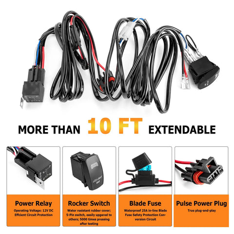 Plug N Play 300W LED Light Bar Wiring Harness Kit With Pulse Power Connector, Relay Fuse, 14 AWG One Lead, details