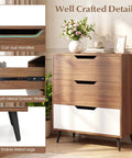 Knockout Rustic Farmhouse Three Drawer Dresser with cut-out handles and smooth metal slides, sturdy wooden construction in brown and white.