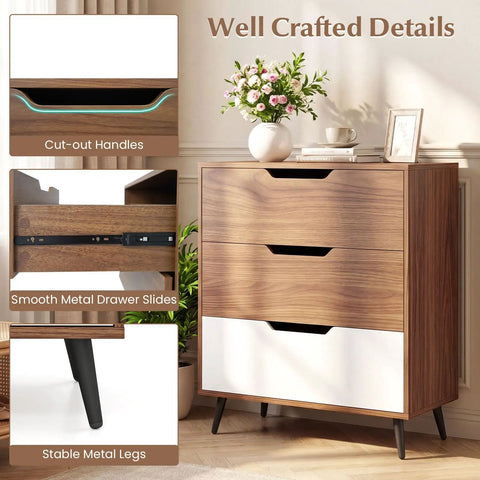 Knockout Rustic Farmhouse Three Drawer Dresser with cut-out handles and smooth metal slides, sturdy wooden construction in brown and white.