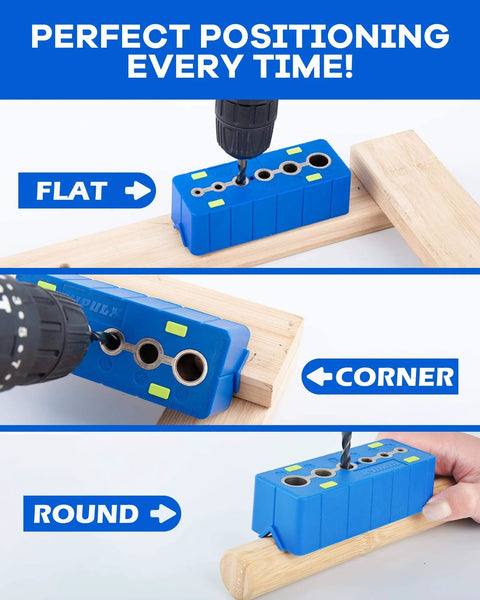 Drill Block Guide for Straight Holes on flat, corner, and round wood surfaces, durable ABS body, precision tool