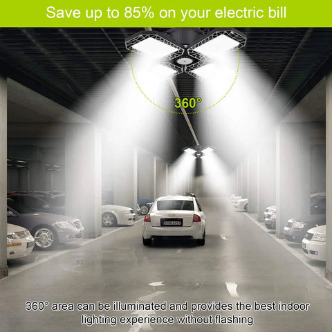 Deformable 120W LED Garage Light Four Panel Ceiling Fixture illuminating a garage with cars parked on each side.