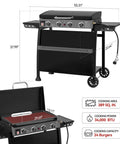 PD4001 4 Burner Propane Gas Griddle With Removable Cart That Converts To Tabletop, black grill with dimensions and features shown