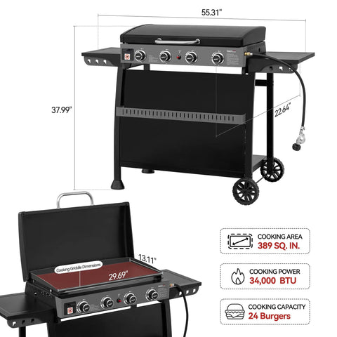 PD4001 4 Burner Propane Gas Griddle With Removable Cart That Converts To Tabletop, black grill with dimensions and features shown