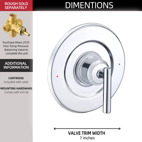Gibson Posi Temp Valve Trim Kit For 2510 2520 2570 2590 Valves Chrome Finish Solid Metal Build Easy Adjust Lever With Red Blue Temperature Indicator Aftermarket Replacement Trim Kit, 7-inch valve trim shown.