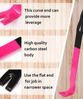 Heavy Duty Flat Pry Bars Set 12 Inch 15 Inch 18 Inch Crow Bar Nail Puller Pink and Black carbon steel material details and uses
