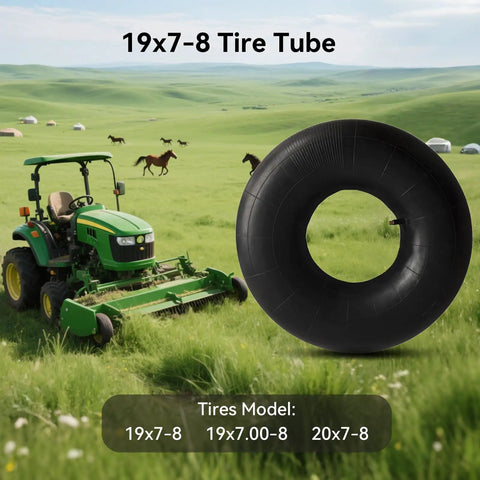 Image showing a Heavy Duty Inner Tube Built Tough For 19x7-8 19x7.00-8 And 20x7-8 With TR13 Straight Valve Stem next to a tractor.