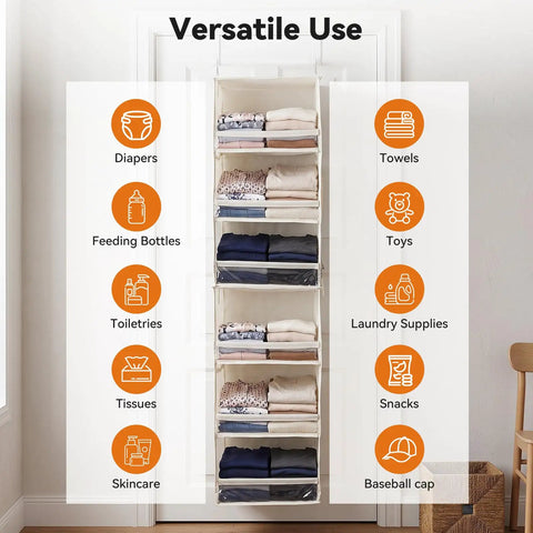 Top Quality Double Pack Hanging Closet Organizer With Three Tier Foldable Build displaying diapers, towels, toys, and toiletries.