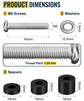 Adjustable M8 TV Mount Screws With Washers And Spacers For 41 To 85 Inch VESA TVs, showing dimensions and thread pitch 1.25mm.