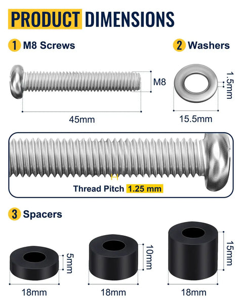 Adjustable M8 TV Mount Screws With Washers And Spacers For 41 To 85 Inch VESA TVs, showing dimensions and thread pitch 1.25mm.