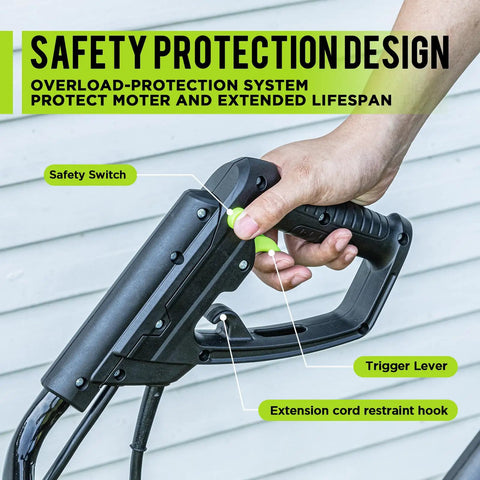 Close-up of handle with safety switch on 16 Inch Corded Electric Tiller With 13.5 Amp Motor, Beast Of A Garden Cultivator