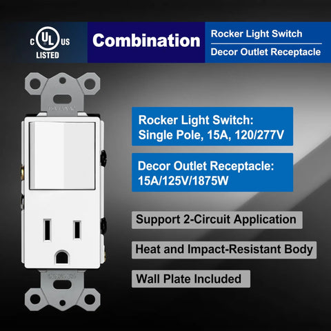 Two Pack Combination Wall Switch And Decor Outlet With Single Pole Rocker Switch, 15A/120V And 15A/125V Receptacle, UL Listed