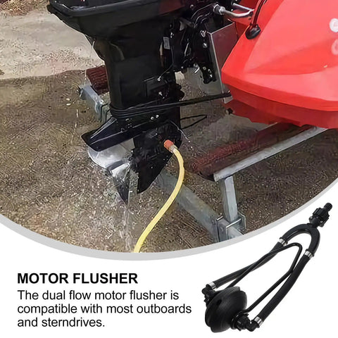 Dual Tube Outboard Engine Flusher For Boats And Yachts, Dockside Pro Grade Marine Motor Cleaner Water Flushing System attached to engine