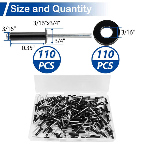 DIY Ready 220 Piece 3/16 Inch By 3/4 Inch Black Pop Rivets With Washer Kit in open box showing size and quantity details.