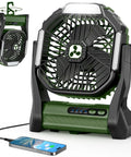 Portable Rechargeable Fan With 20000mAh Battery Cordless USB C Tent Fan With LED Lantern For Outdoor Camping And Travel Great For Fishing Picnics Home Power Outages And Emergency Backup with phone charging via USB-C, shown in Army Green.