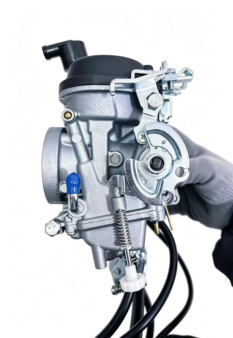 Close-up of Carburetor For V Star 1100 XVS1100 Silverado Classic Custom 1999 2009 Replacement Part with metal details.