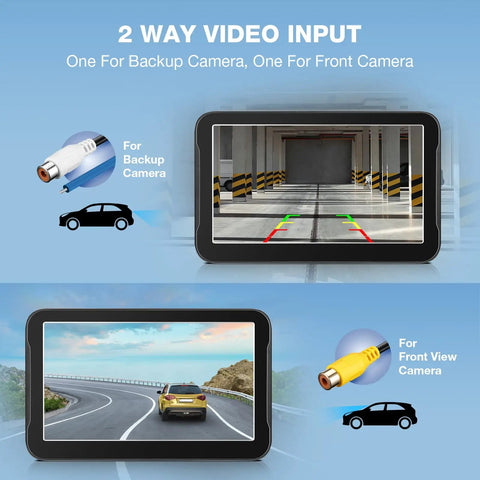 7 Inch Backup Camera Monitor Display For Cars Trucks SUVs Vans RVs Trailers And Campers With Crystal Clear HD Image showing two video inputs