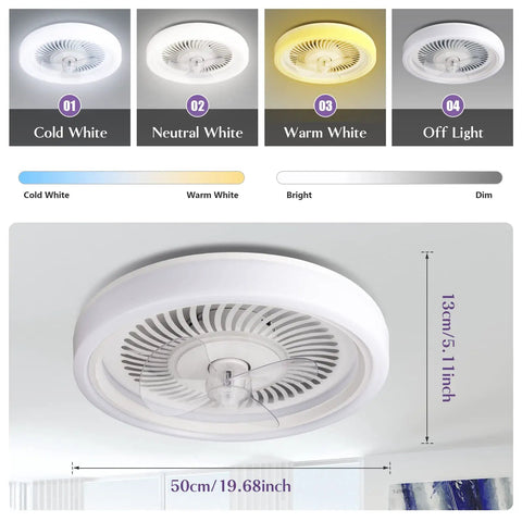 Bladeless 20 Inch Ceiling Fan With Remote Control Lights, 3 Color Temperatures, 6 Speed Wind, Dimmable LED, Flush Mount