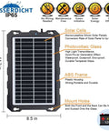 Diagram of 9W Solar Battery Trickle Charger And Maintainer Kit features, including solar cells, ABS frame, and mount holes.