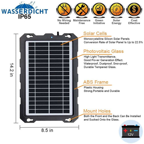 Diagram of 9W Solar Battery Trickle Charger And Maintainer Kit features, including solar cells, ABS frame, and mount holes.