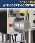 10 Inch Benchtop Drill Press With Variable Speed From 50 To 3000 RPM Cast Iron Table And Base 6.2 Amp Motor Laser Alignment And LED Work Light Inverter Stepless Control White Finish scale dial