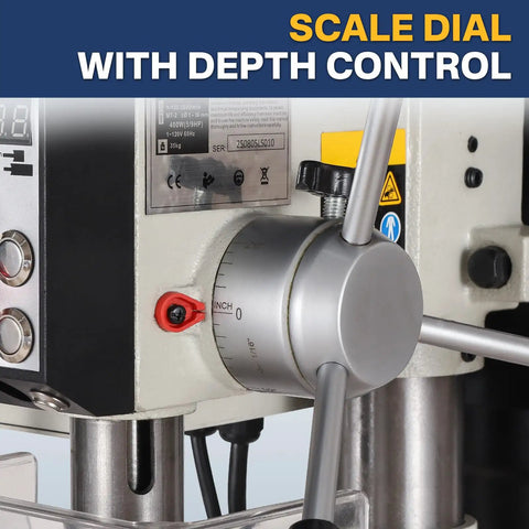 10 Inch Benchtop Drill Press With Variable Speed From 50 To 3000 RPM Cast Iron Table And Base 6.2 Amp Motor Laser Alignment And LED Work Light Inverter Stepless Control White Finish scale dial