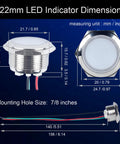 22mm Dual Color Metal LED Indicator Light dimensions diagram with side and top views, 7/8 inch mounting hole size