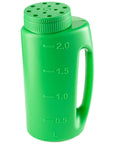 Green Handheld Lawn Seed Spreader with Adjustable Hole Size Dial Lid, 2 Liter Capacity, Easy Fill Shaker with cut out handle