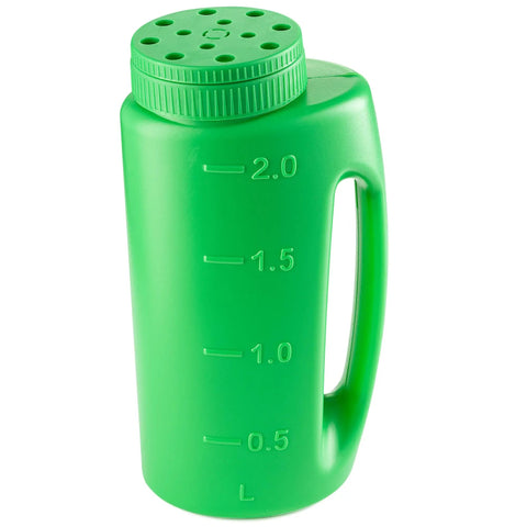 Green Handheld Lawn Seed Spreader with Adjustable Hole Size Dial Lid, 2 Liter Capacity, Easy Fill Shaker with cut out handle