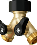Heavy Duty 2 Way Hose Splitter Premium Brass Y Adapter With Double Shut Off Valve Rust Resistant Finish For Outdoor Faucet Spigot Bib Tap Garden Hose Connector, brass, front view