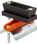 Close-up of a heavy-duty flat cable C-track festoon clamp assembly with black top block and orange carriage