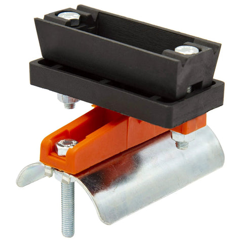 Close-up of a heavy-duty flat cable C-track festoon clamp assembly with black top block and orange carriage