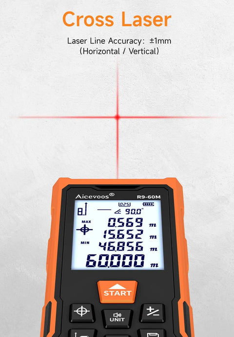 60m Laser Distance Measure With Backlit Screen And Cross Laser, digital display showing cross laser measurement mode