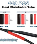 110 heat shrink tubing in black and red for Battery Cable Lug Crimping Tool Kit For AWG 10 To 1/0, shown with sizes 3:1 and 2:1.