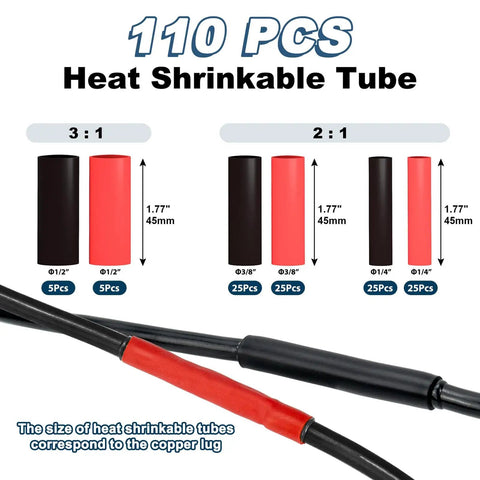 110 heat shrink tubing in black and red for Battery Cable Lug Crimping Tool Kit For AWG 10 To 1/0, shown with sizes 3:1 and 2:1.