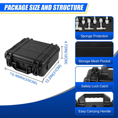 All-In-One Hydraulic Pressure Test Kit case dimensions with couplings, mesh pocket, lock catch, and handle features.