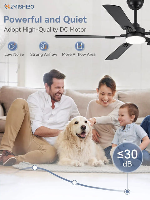 Family enjoying living room under 52 Inch Black Ceiling Fan With Lights, Modern Farmhouse Design, quiet motor showcased above.