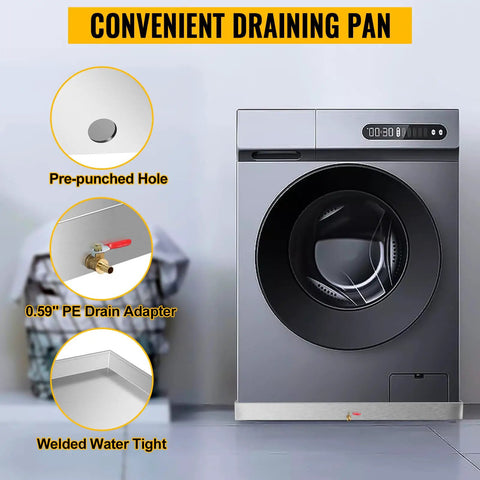 Heavy Duty Stainless Steel Washing Machine Pan 27x25x2.5 Inches, with pre-punched hole, 0.59 inch PE drain adapter.