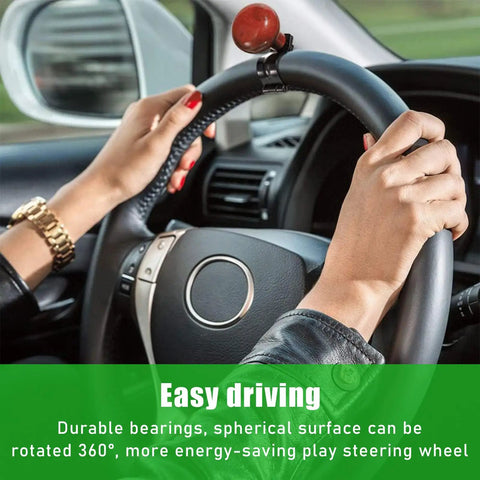 Woodgrain Steering Wheel Spinner Knob With Ball Bearing Smooth ABS One Hand Drive Aid installed on a car steering wheel.