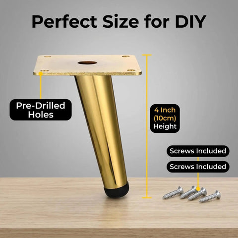 Heavy Duty 4 Inch Furniture Legs Set of 4 in Satin Gold with Industrial Steel Build, includes screws, pre-drilled holes visible