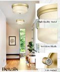 Close To Ceiling 12 Inch Flush Mount Light Fixture In Gold Metal Finish With Handmade White Marble Art Glass Shade For A Cool Retro Industrial Vibe In Bedroom Living Room Hallway Kitchen And Laundry installed in a bright hallway with details shown.