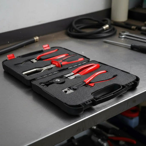 Top Notch Hose Clamp Pliers Set For Car Repair Pros, Heavy Duty Alloy Clamp Remover With Grip Handles And Carry Bag For Home Garage And Auto Work, Totally Cool Tool Kit. Four red-handled pliers in case